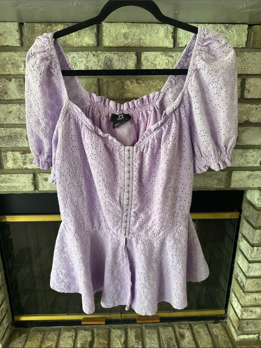 City Chic Lilac Eyelet Peplum Blouse with Puff Sleeves